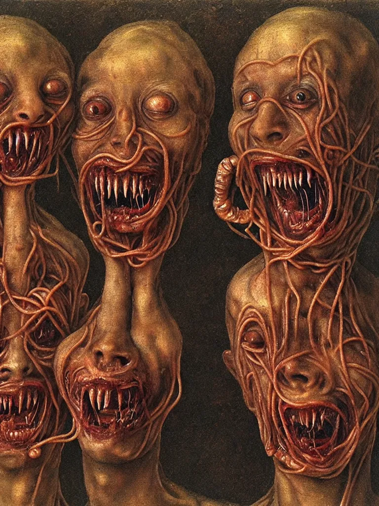 Prompt: siamese twins made of spaghetti, looking straight into camera, screaming in agony, 1 9 4 0 s, by giuseppe arcimboldo and ambrosius benson, renaissance, intricate and intense oil paint, a touch of beksinski and hr giger and edward munch, realistic