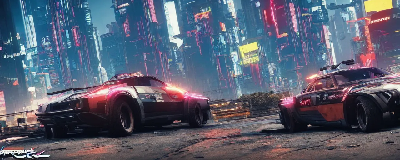 Image similar to Cyberpunk 2077 car Quadra Turbo-R V-Tech, driving down dusty city dystopian, long distance shot , by Mead, Syd