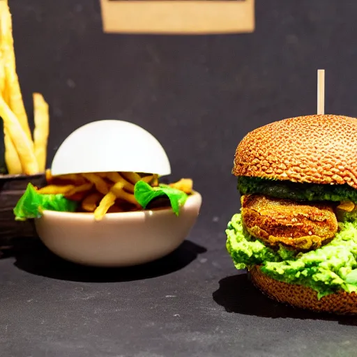 Image similar to vegan hamburger with guacamole, crispy fried onion and a fried egg, crispy buns, next to french fries, side view, 8 k resolution, studio lighting, sharp focus, hyper - detailed