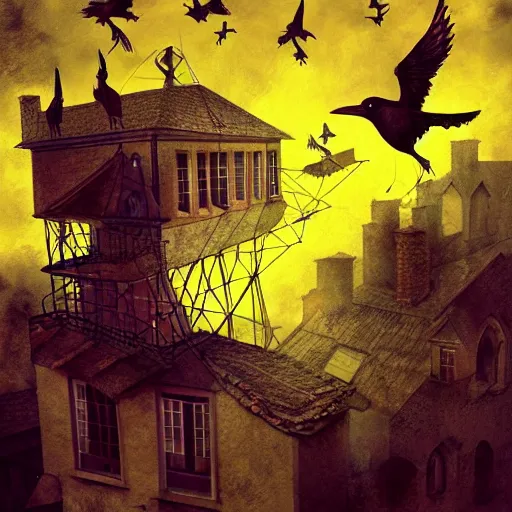 Image similar to a clown on the roof of the church playing with crows, by android jones and m. c. escher collaboration, futurist, digital art, dramatic lighting, symbolic