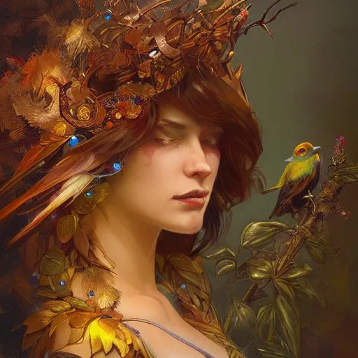 Prompt: close up of colorful bird, golden crown, dark, rusty, fantasy forest, highly detailed, realistic, artstation, concept art, smooth, sharp focus, illustration, art by artgerm and greg rutkowski and alphonse mucha