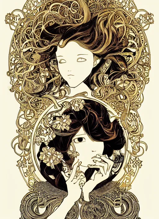 Prompt: photographer looking through camera, design on white background, gnarly details, gold, drawn by studio ghibli, alphonso mucha, lolish, trending on artstation