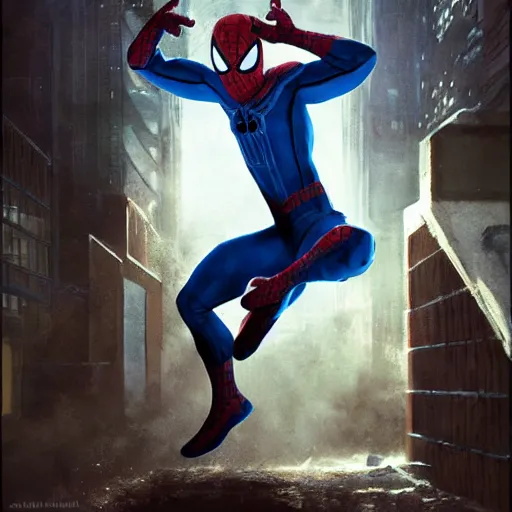 Image similar to ryan reynolds as spider - man, wearing a black and blue suit, cinematic, volumetric lighting, f 8 aperture, cinematic eastman 5 3 8 4 film, photorealistic by greg rutkowski, by stanley artgerm, by alphonse mucha