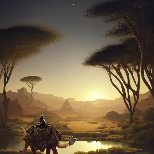 Prompt: an african moor wearing white robes riding a robot camel into a lush desert oasis with a reflective pond, by greg rutkowski and android jones, afrofuturism, oil on canvas, 8k, synthwave sunset