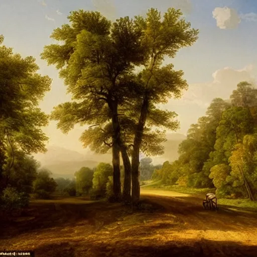 Prompt: a track in an old forest, scarce sun rays peaking, a matte painting by asher brown durand, a horse and cart laden with freshly cut hay travels down the path