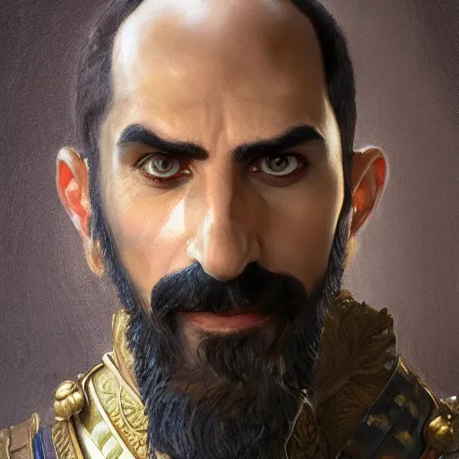 Prompt: Portrait of Borat as a ancient Russian warrior, brown eyes, face, dark fantasy, intricate, elegant, highly detailed, digital painting, artstation, concept art, smooth, sharp focus, illustration, art by artgerm and greg rutkowski and alphonse mucha