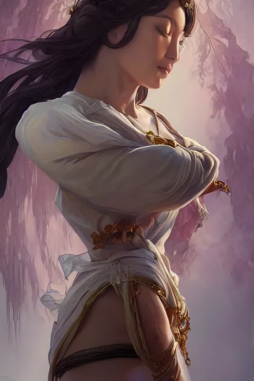Prompt: full body emotional meditation goddess in the style of artgerm, wlop, greg rutkowski, alphonse mucha and ayami kojima, realistic details, volumetric lighting, very very very very beautiful symmetrical face, seductive look, trending on artstation, artstationhd, artstationhq, unreal engine, 4 k, 8 k