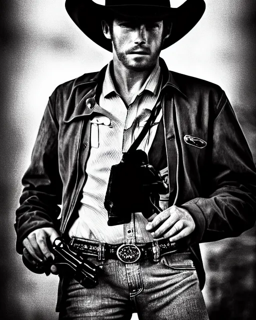 Image similar to portrait of cowboy holding realistic detailed colt revolver, black and white polaroid, western, high production value, intricate details, high resolution, hyperrealistic, hdr, high definition, award winning photography, masterpiece, ultra realistic, highly detailed, hd, sharp focus, cinematic lighting, shaded, non blurry, sharp, smooth