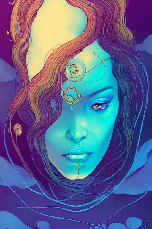 Image similar to 👁👩🏾🌊👾, phantom, dreary, dramatic, fluid, golden ratio, artstation, moebius + loish, hd, long vines,