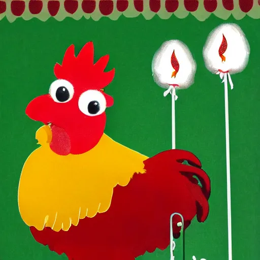 Prompt: (in a barnyard (a big rooster)(a birthday cake(with three candles))(a small downy baby chick))