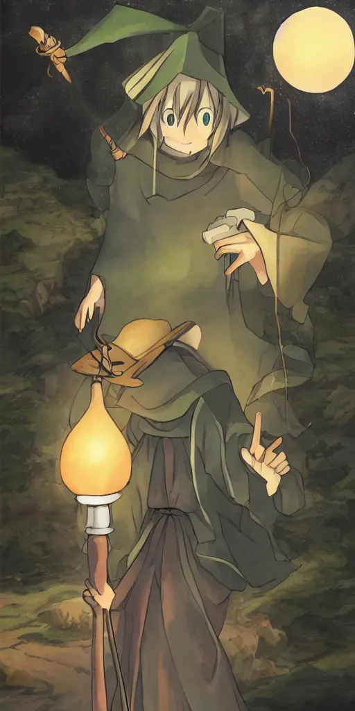 Image similar to a hermit on a mountain with a lamp drawn like Watamote anime, full color, tarot card The hermit,