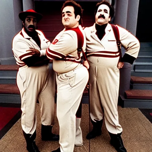 Image similar to photoshoot of john belushi and eddie murphy as ghostbusters, in the style of annie leibovitz - h 6 4 0