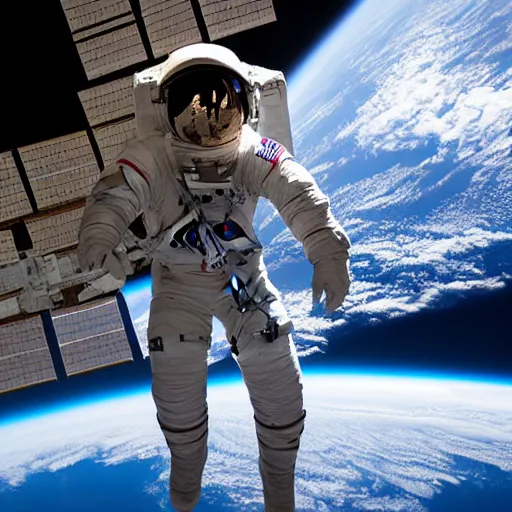 Image similar to an astronaut standing on the ISS floating above earth, breathtaking, cinematic, dramatic lighting, volumetric, cinematic composition, awe inspiring