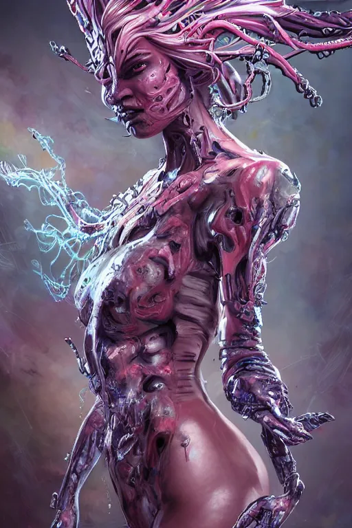 Image similar to comic art,Sprial, a beautiful female six-armed Mutant and Cyborg Sorcerer with white hair long legs dancing in the air,full character design,8k,art by Stanley Artgermm,Travis Charest,Carne Griffiths,trending on Artstation,face enhance,hyper detailed,full of colour,cinematic,dynamic lighting