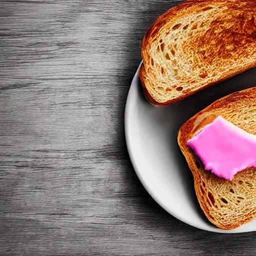Prompt: piece of toast spread with pink butter, photorealistic, on a wooden table, light from window