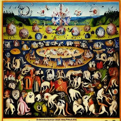 Prompt: Garden of Earthly Delights in the style of Where’s Waldo search and find book