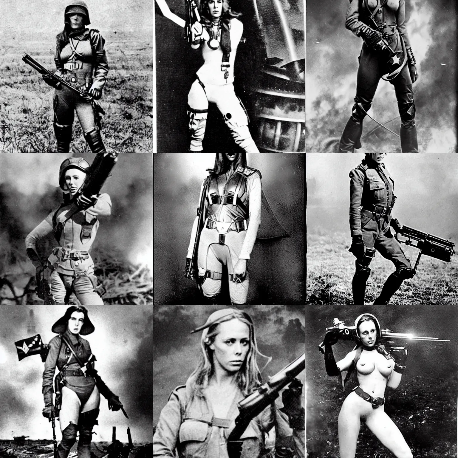 Prompt: Nicole Aniston fighting aliens in World War I, archived photograph