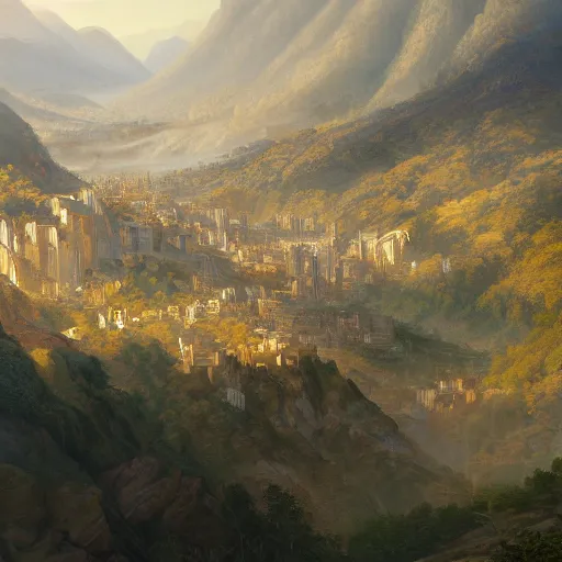 Image similar to A beautiful ultradetailed painting of a huge gilded city standing at the bottom of a valley surrounded by mountains, morning shot, pale blue mist, sunny skies, Raphael Lacoste, Makoto Shinkai, 4k, trending on artstation, aerial photography, ultrawide lens