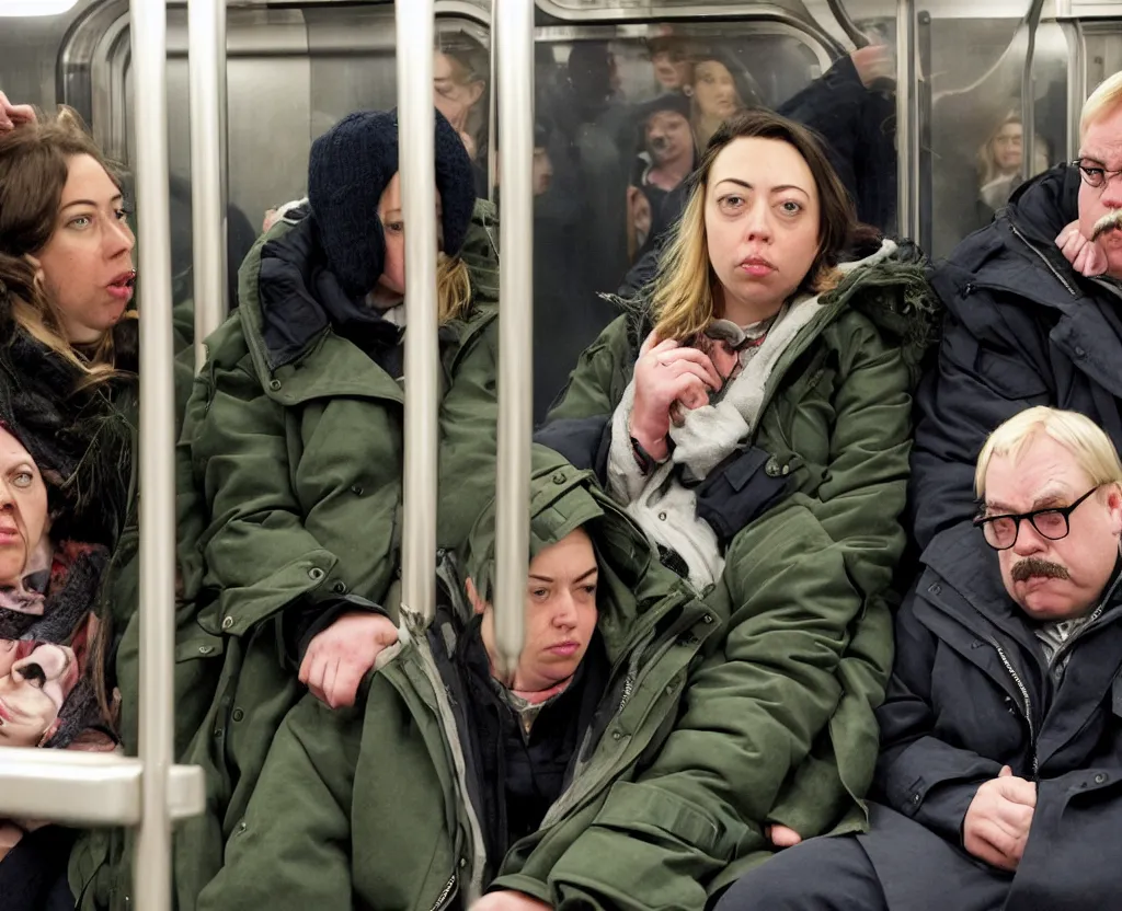 Image similar to a sad woman in a parka who looks like a cross between Chloe Sevigney and Aubrey Plaza, sits next to a slightly overweight friendly middle-aged German businessman, with short blond hair and a mustache, in a Chicago subway train, medium shot from a 3/4 angle, showing full figures, drawn in the style of Daniel Clowes and Adrian Tomine and Gabrielle Bell