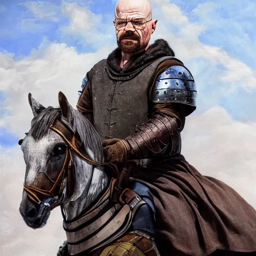 Prompt: walter white from breaking bad wearing medieval armor and riding a horse, matte oil painting