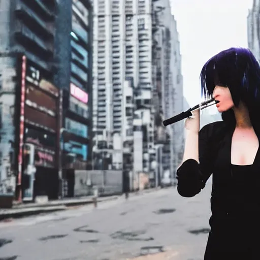 Image similar to cyberpunk woman in a city smoking a cigarette