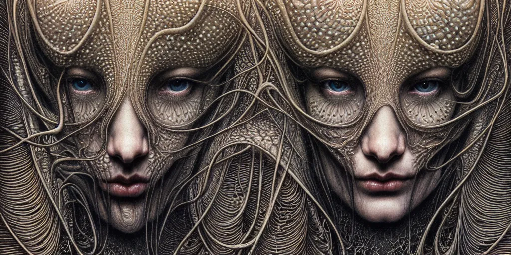 Image similar to detailed realistic beautiful cyborg face portrait by jean delville, gustave dore, iris van herpen and marco mazzoni, art forms of nature by ernst haeckel, art nouveau, symbolist, visionary, gothic, neo - gothic, pre - raphaelite, fractal lace, intricate alien botanicals, ai biodiversity, surreality, hyperdetailed ultrasharp octane render