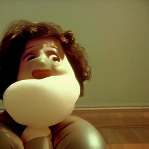 Image similar to still from a 1988 arthouse film about a depressed housewife dressed as a squishy inflatable toy who meets a handsome younger man in a seedy motel room, color film, 16mm soft light, weird art on the wall