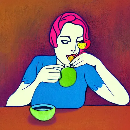 Image similar to beautiful lady, drinking tea, fruit basket, painting, clean shapes, print, litography, pastel colors, ink lines, markus gunnar, konstfack