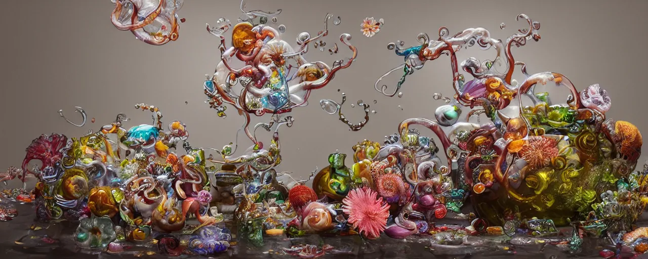 Prompt: ultradetailed photorealistic still life with jelly flowers by ernst haeckel, jan brueghel, james jean and david lachapelle, slime and tentacles, wide angle, minimalistic cinematic composition, octane render, bokeh, unreal engine, 4k, 3d render