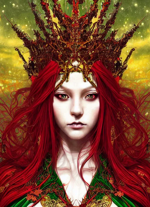 Image similar to a painting of a beautiful cyberpunk elven queen with long red hair, wearing green, red and gold ornate dress, golden intricate crown,. detailed symmetrical full body portrait, intricate complexity, concept art, by takato yamamoto, wlop, krenz cushart. cinematic dramatic atmosphere, sharp focus