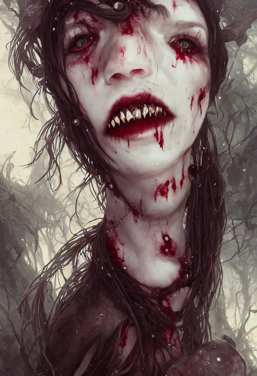 Image similar to beautiful, very very very extreme closeup portrait, bloody, vampire girl, extreme blood, vampire fangs, medieval dress. witch, makeup. unreal engine, greg rutkowski, loish, rhads, beeple, tom bagshaw, alphonse mucha, global illumination, detailed and intricate environment