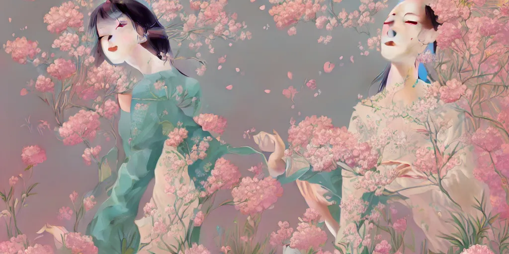 Image similar to breathtaking delicate detailed concept art painting pattern amalgamation flowers and girls, by hsiao - ron cheng, bizarre compositions, exquisite detail, pastel colors, 8 k