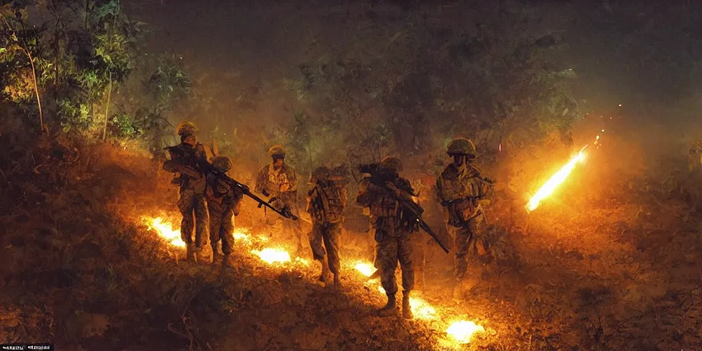 Image similar to a squad of american soldiers in combat in the vietnamese jungle at night illuminated by napalm strike, beautiful, vivid, cinematic, art by craig mullins