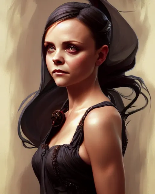 Prompt: Christina Ricci (2000), D&D, fantasy, intricate, elegant, highly detailed, digital painting, artstation, concept art, matte, sharp focus, illustration, hearthstone, art by Artgerm and Greg Rutkowski and Alphonse Mucha