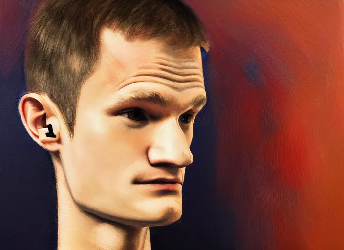 Prompt: vitalik buterin in headphones. vitalik buterin, medium shot, perfect symmetric face, coherent eyes, fine details., 4 k, hans zatska, oil paint