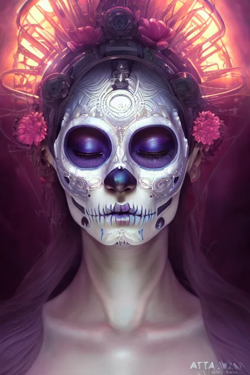 Image similar to ultra detailed female android deity, eyes closed, 8 k, flowerpunk, sci - fi, fantasy, moody, calm, ( dia de los muertos ), asymmetrical, concept art, art by artgerm and giger and michael welan and alphonse mucha and loish and wlop