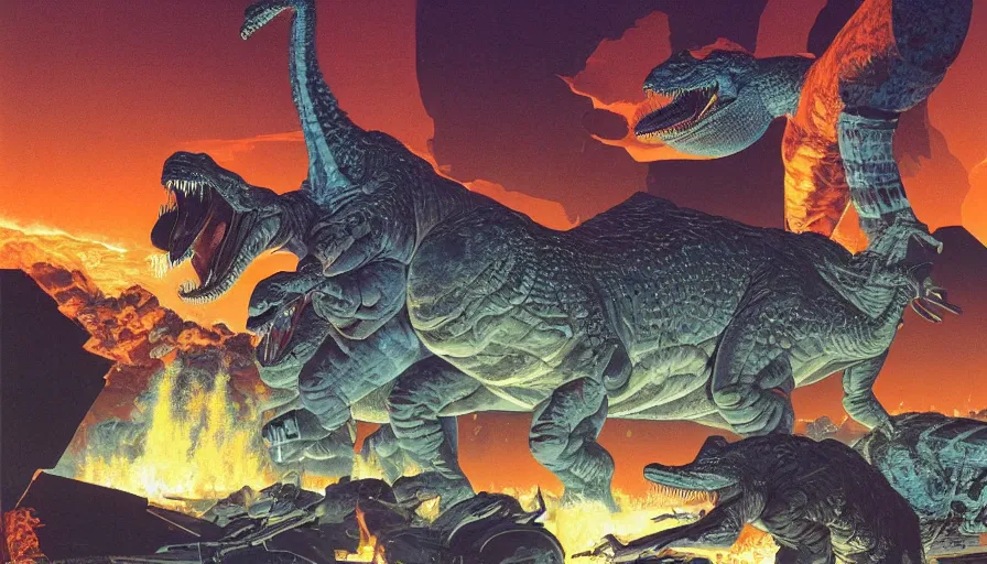 Image similar to the impact that destroyed the dinosaurs by syd mead and moebius, hyperrealistic, dinosaurs scorched