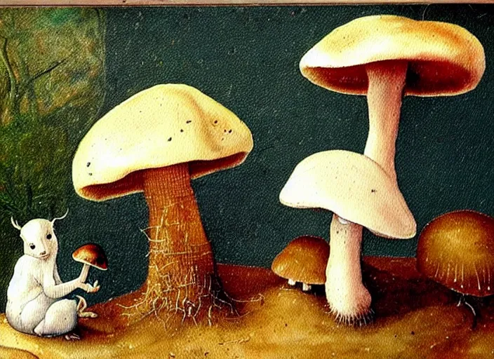 Image similar to a painting of a cute creature sitting next to a mushroom, detailed, realistic, in style of hieronymus bosch