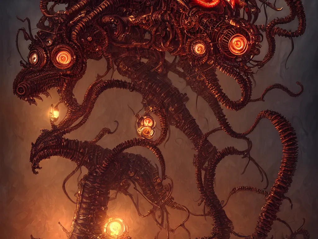 Image similar to a demogorgon. steampunk, intricate, elegant, fantasy, highly detailed, digital painting, concept art, sharp focus, illustration, beautiful lighting, epic light, artstation, colorful, dramatic