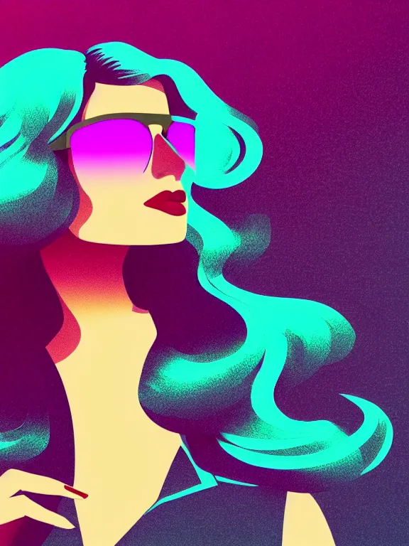 Prompt: flat portrait art of an beautiful muted vaporwave ombre stylish retrofuturistic beautiful woman wearing oversized aviator sunglasses atmosphere, glow, shaded, full of colour, cinematic lighting, trending on artstation, 4 k, focused, vector, by patrick nagel, simple bold clean lines, made with illustrator