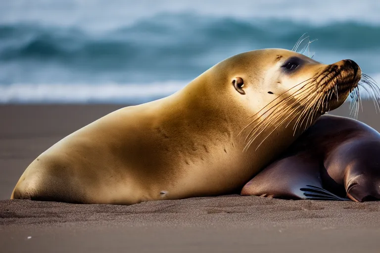 Image similar to professional photo of a sea lion body and canine wolf muzzle head half wolf half sea lion strange chimera discovered on the beach