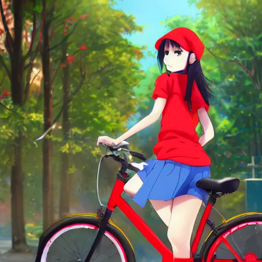 Prompt: close up of a high definition anime girl with a red cap in a red bike with the word \'rappi\' in it with armenia quindio in the background , Artwork by Makoto Shinkai, pixiv, 8k, official media, wallpaper, hd