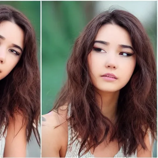 Prompt: beautiful young actress outside wind sweep hair in candid photo session