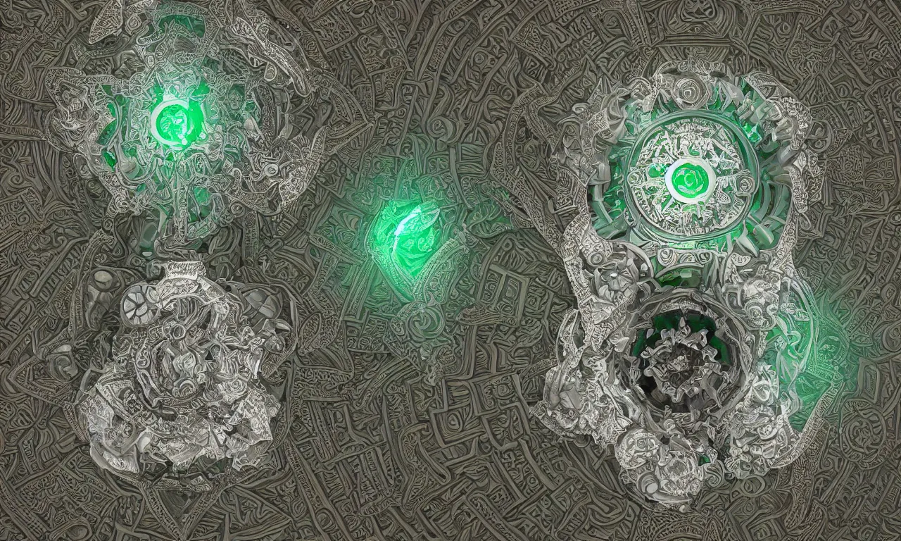 Image similar to mandrelbot 3 d volume fractal mandala ceramic chakra digital color stylized an ancient white bone and emerald gemstone relic, intricate engraving concept 3 d point lighting substance patern natural color scheme, global illumination ray tracing hdr fanart arstation by sung choi and eric pfeiffer and gabriel garza and casper konefal