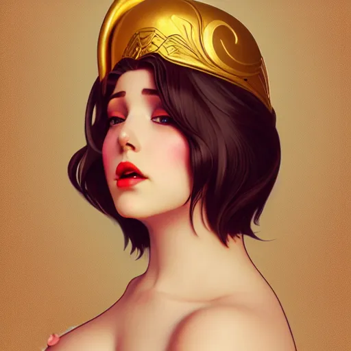 Prompt: curvy woman with a bob and a bundt cake on her head, digital art, cinematic, concept art, 8k, painting, imaginefx, cgsociety, art nouveau, Alphonse Mucha, trending on artstation, medium shot, head shot