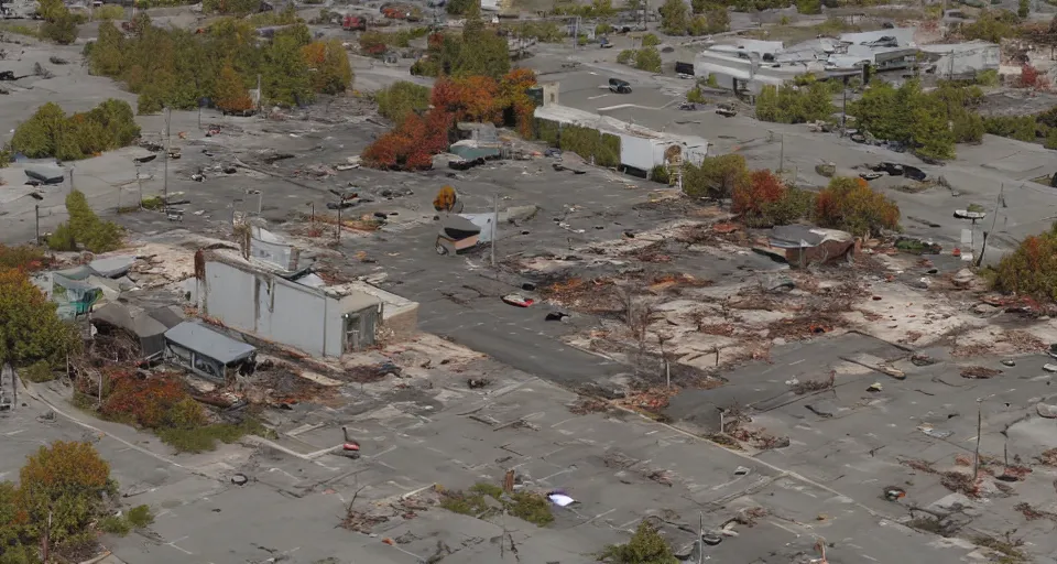 Image similar to top down aerial view of dilapidated zombie - apocalypse gas - station with supermarket and restaurants in real life, desolate with zombies, dilapidated, zombies in the streets, nightmarish, some rusted style parked vehicles, sunny weather, few clouds, volumetric lighting, photorealistic, daytime, autumn, sharp focus, ultra detailed, cgsociety