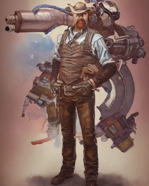 Prompt: a oil / watercolor painting full body character portrait of a turbine gunslinger in the style of moebius in the style of leonard boyarsky trending on artstation deviantart pinterest detailed realistic hd 8 k high resolution