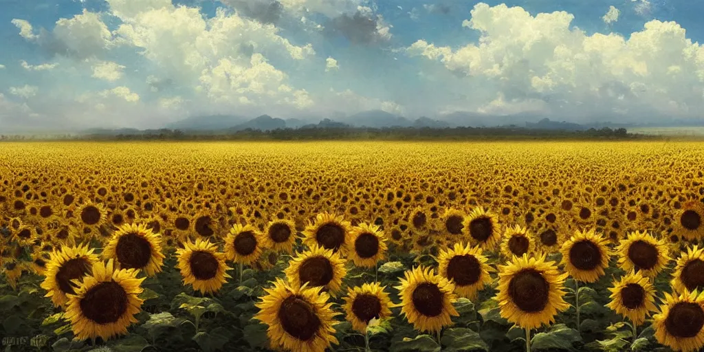 Image similar to Hyper realistic oil painting of an endless sunflower field, high contrast, deep and bright colors, blue skies, cinematic, by greg rutkowski