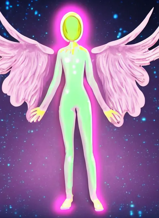 Image similar to a glowing skinny onesie suited angel spirit being, covered with pastel glitter glue slime, fashion model pose, full body maximalist cosmic eldritch character design, early computer graphics