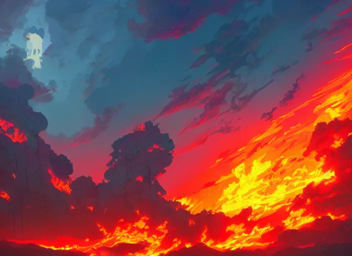 Prompt: a fiery apocalypse to end the human race, 4 k digital paint by studio ghibli hayao miyazaki. vivid colours, vaporwave lighting style, very sharp and detailed. trending on artstation and behance.